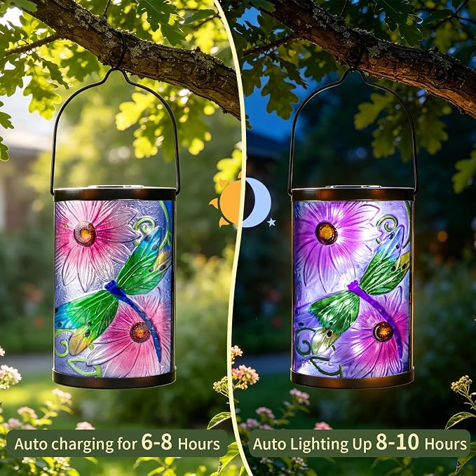 Solar Lantern Outdoor Waterproof Hanging Solar Lights Dragonfly Glass Decorative Lanterns for Outdoor Patio Lawn Outside Yard Garden Decor