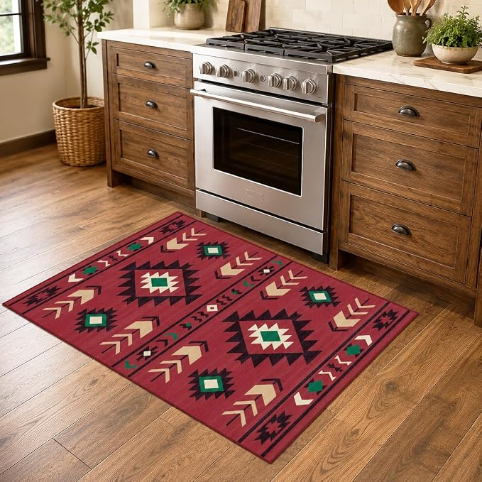Western Rug 2x3 for Entryway Indoor Mat, Southwestern Aztec Tribal Rugs Southwest Navajo Machine Washable Entrance Rug Non-Slip Printed Low-Pile Entry Floor Carpet Doormat for Bedroom Bathroom, Red
