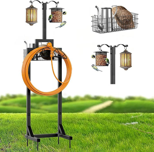 Garden Hose Holder, Water Hose Holders for Outside with Storage Basket & 2 Shepherds Hooks, Detachable Garden Hose Holder Freestanding, Heavy Duty Hose Holder Supports 150ft Hoses