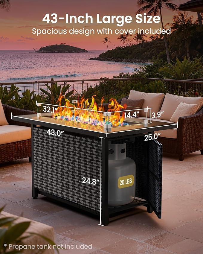 Ciays 43″ Propane Fire Pit, CSA-Listed 60,000 BTU Outdoor Gas Fire Pit Table with Glass Wind Guard, Tempered Glass Top, Lid, Glass Rocks, Adjustable Legs, Fire Table for Patio, Garden & Party, Black