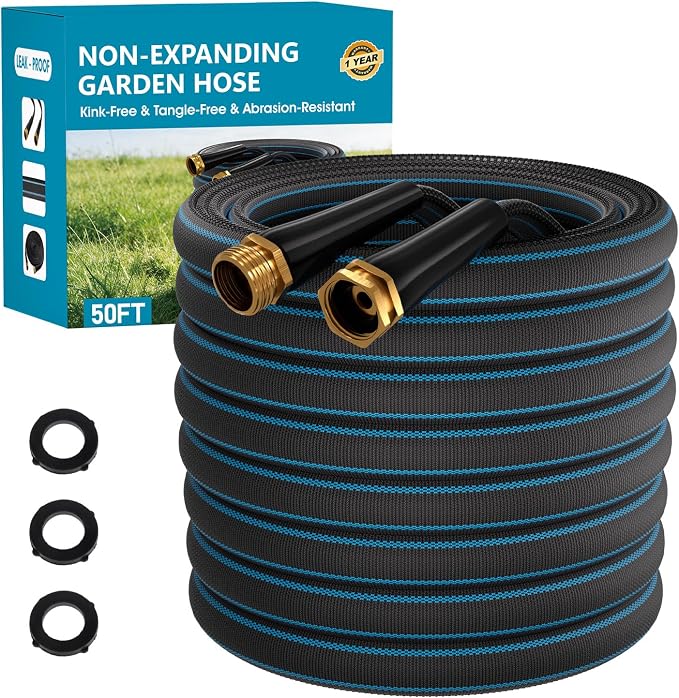 50FT Non-Expanding Garden Hose, Ultra-Lightweight Water Hose, Kink-Free, Burst-Resistant, Durable & Flexible Hose, All-Weather Outdoor Hose for Lawn & Garden, Car Washing