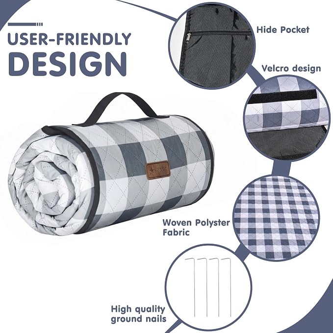 HX&OD Outdoor Picnic Blanket, Extra Large, 80''x60'' Waterproof Foldable Blankets Gingham Picnic Mat for Beach, Camping Grass Lawn Park Accessories Cute Couple Ideas Wedding (Gray, 80”x60”)