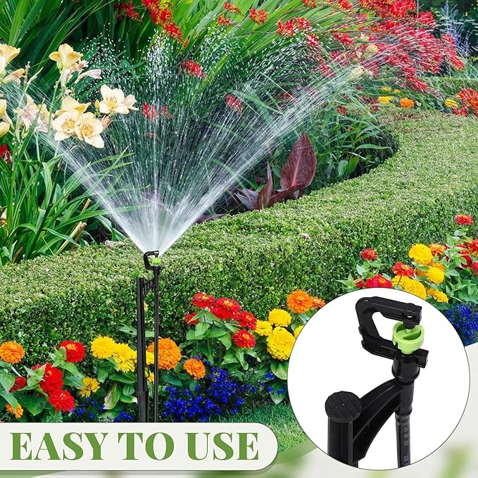 Briwooody 24 Sets 360 Degree Irrigation Sprinkler Heads with Stake Drip Micro Spray Emitters G-Type Adjustable Sprinkler Nozzle with Irrigation Tubing on Riser Stake for Garden Flower Plants Watering