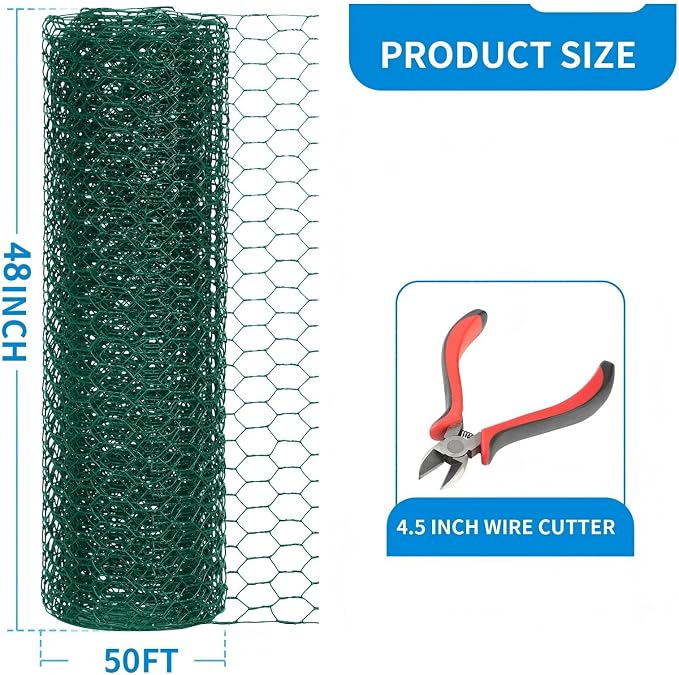 48'' x 50' Green Chicken Wire Fencing, 1 inch Chicken Wire and 19 Gauge Poultry Netting, Garden Mesh Fence Roll for Floral Arrangements/Crafts/Farm/Livestock/Pet Protection