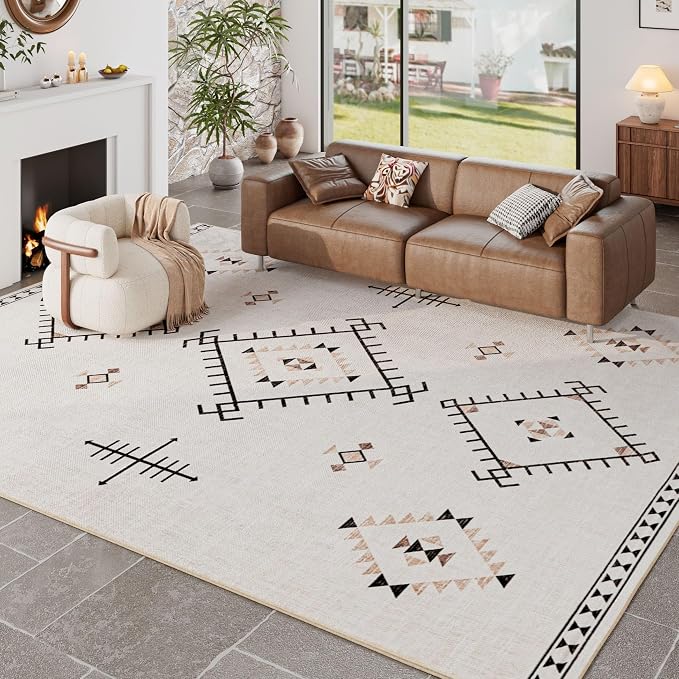 ILANGO Area Rug 8'x10' for Living Room Bedroom Machine Washable Moroccan Boho Rugs for High Traffic Area Non Slip & Non-Shedding Rugs Fade Resistant Carpet for Kitchen Office (Beige)