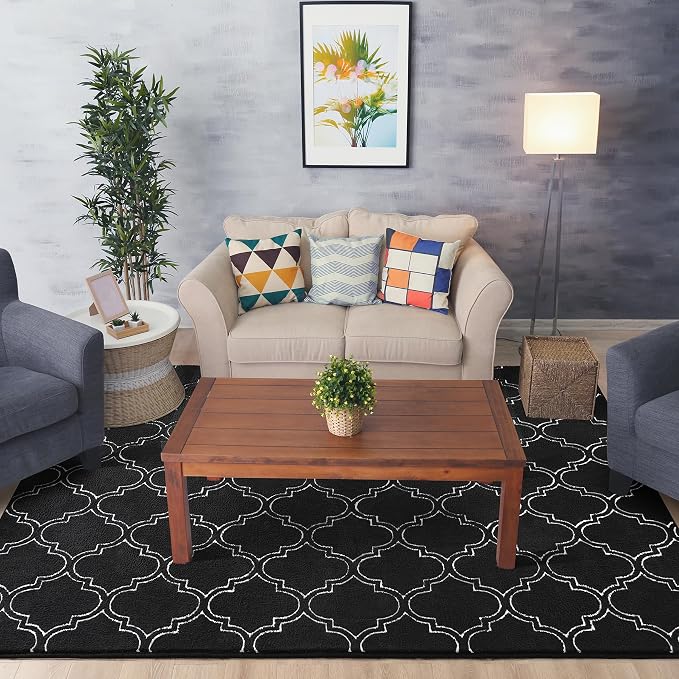 Chicrug 5x7 Shag Geometric Modern Area Rug for Bedroom Living Room | Memory Foam Indoor Carpet, Fluffy Rug for Bedside Room for Family Girls Kids Play Mat, Black and White