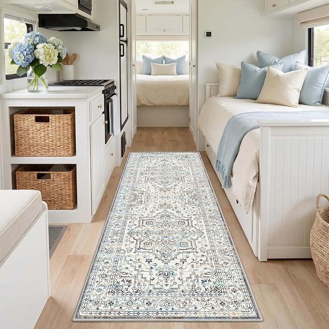 Vintage Washable 2x6 Runner Rug, Non-Slip Low-Pile Elegant Persian Rug for Kitchen Hallway Bathroom Bedroom Beside Laundry Room RV Interior, Stain Resistant Traditional Indoor Rug, Neutral Cream Blue