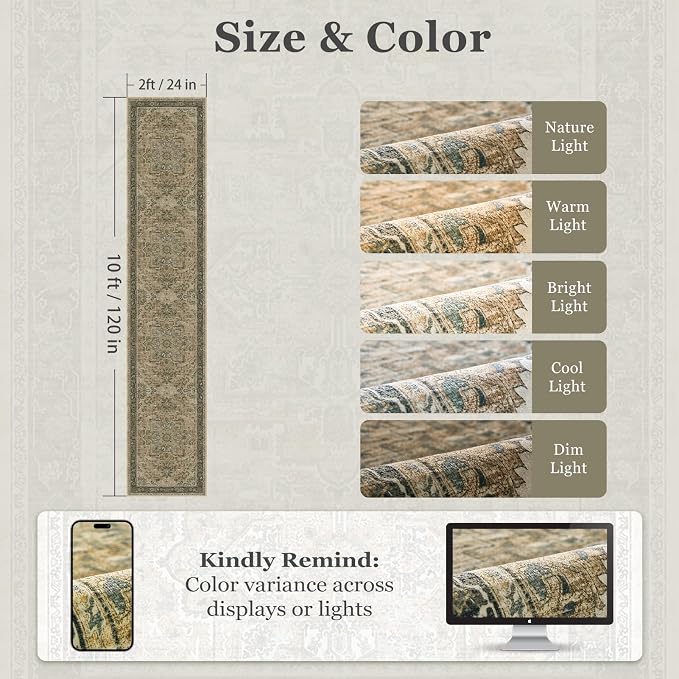 Washable Runner Rug 2x10 for Hallways, Retro Distressed Moody Medallion Long Carpet Runner for Entryway Mudroom, Low Pile Thin Soft Kitchen Bathroom Runner Rug Non Slip, Multi Brown/Green