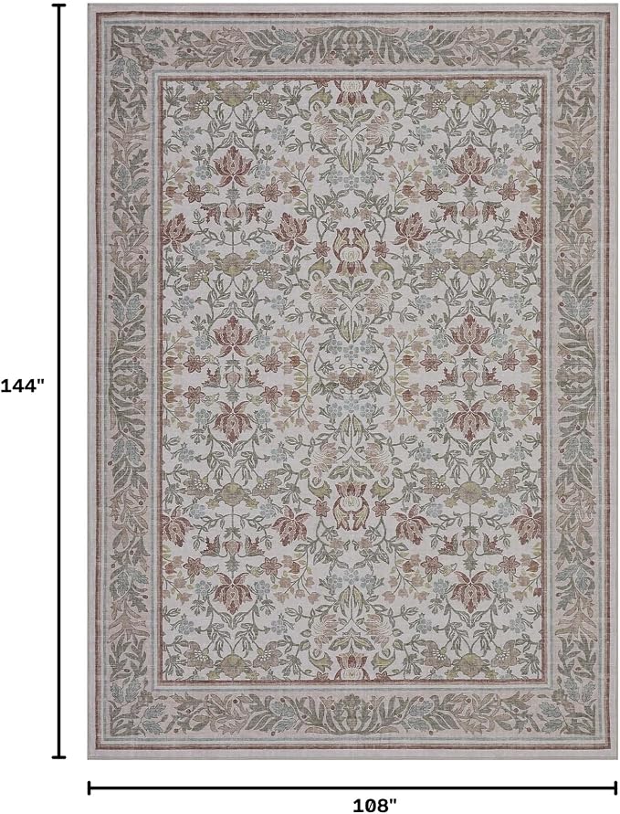GarveeHome 9x12 Area Rugs for Living Room: Washable Bedroom Rug Beige Pink | Boho Vintage Non Slip Soft Low Pile Stain Resistant Indoor Carpet for Farmhouse Dining Room Nursery Home Office