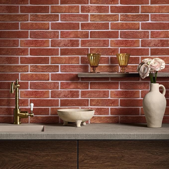 COMSTICKC 3D Red Faux Brick Wall Panel Peel and Stick Wall Stickers, 12 pcs of 22.8" x 11.8", DIY Lightweight PVC Fake Brick Decorative Wall Covering Backsplash Interior Decor,Covers 22.48 sq.ft