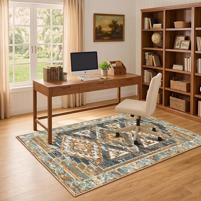 Washable 3x5 Area Rug for Bedroom, Rustic Farmhouse Low-Pile Non-Slip Carpet, Stain Resistant Vintage Southwestern Small Rug for Kitchen Entryway Office, Blue Rust Ivory