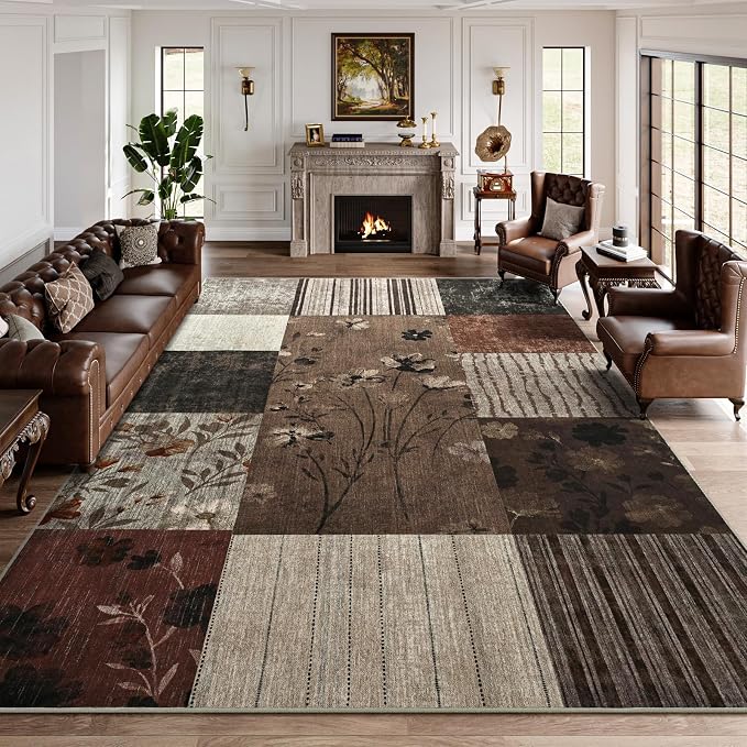 DweIke Area Rugs 5'x7' Washable Brown Rug for Living Room, Non-Slip Modern Geometric Patchwork Stain Resistant Indoor Throw Carpet for Bedroom Dining Room Farmhouse Office Decor