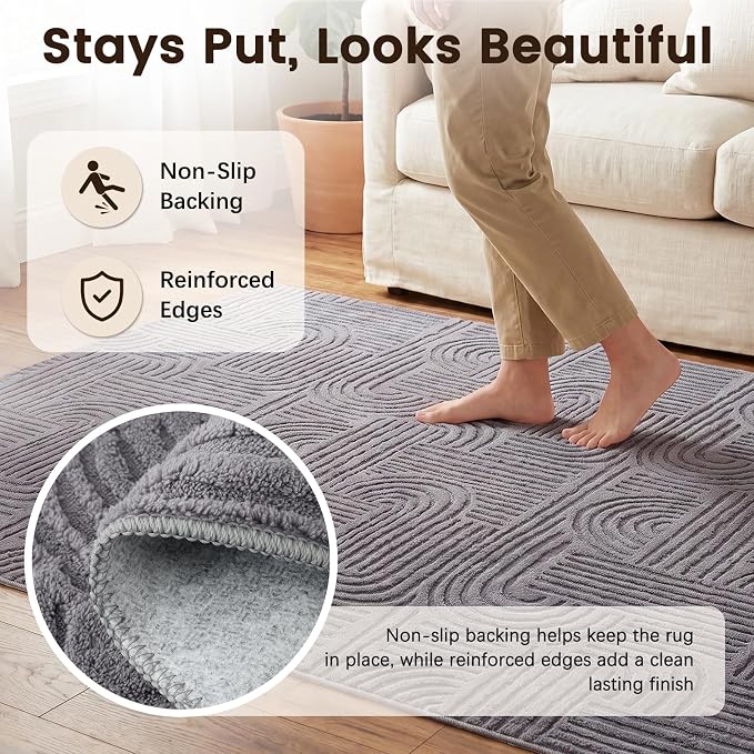 Etwel 5x7 Dark Gray Geometric Textured High-Low Pile Washable Area Rug | Modern Soft Carpet, Non-Slip PVC Backing, Low Profile, Kid and Pet Friendly, for Living Room, Bedroom, Dining Room, Nursery