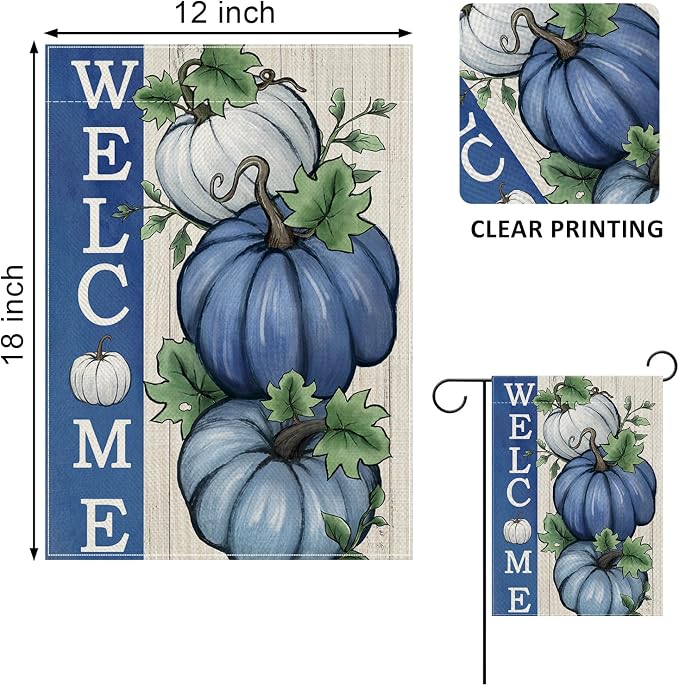 Welcome Fall Pumpkin Decorative Garden Flag, Autumn Blue White Pumpkin Farmhouse Yard Outside Decorations, Thanksgiving Rustic Burlap Outdoor Small Home Decor Double Sided 12 x 18