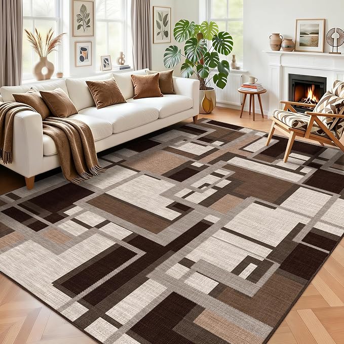 Modern Geometric 6x9 Area Rugs for Living Room, Coffee Brown Washable Rug | Abstract Patchwork Blocks Non-Slip Indoor Carpet for Bedroom Dining Room Office | Mocha Brown Chocolate Low-Pile Floor Rug