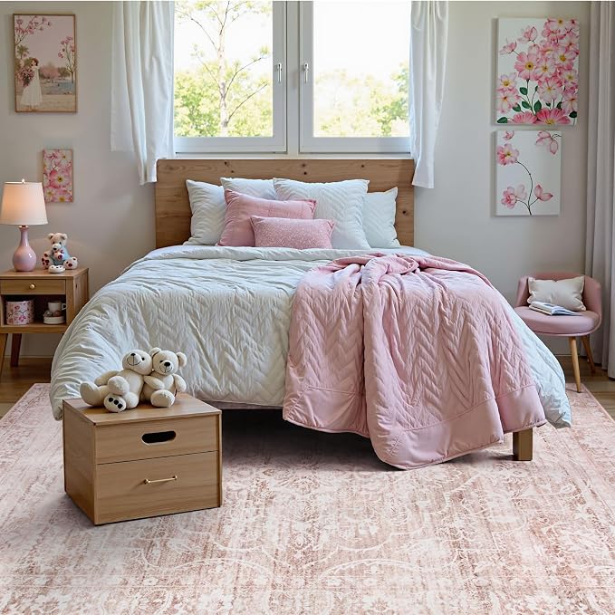 Lahome Pink Area Rugs 8x10,Floral Large Area Rugs for Girl Nursery Room | Washable Boho Living Room Rugs,Non-Slip Soft Bedroom Rug 8x10 Under Bed Rug for Dining Room Table Office Aube (Pink,8'X10')