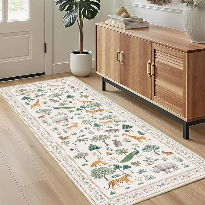 Jungle Animal Runner Rug 2x6 for Hallway Kitchen Bedroom Neutral Beige Wild Animal Forest Runner Rugs Machine Washable Non-Slip Print Low Pile Long Floor Carpet for Nursery Entryway Playroom Bathroom
