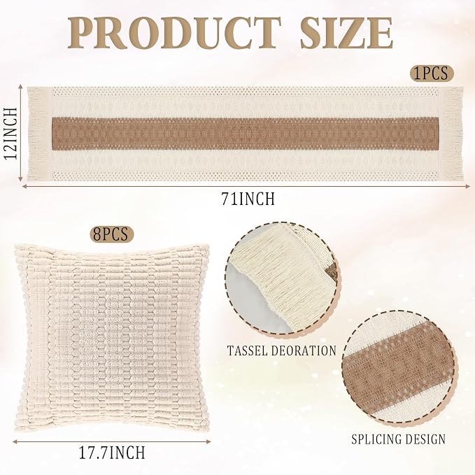 12 Pcs Extra Large Outdoor Boho Picnic Blanket 91'' x 71'' Folding Camping Table Beige White Table Runner 8 Throw Pillow with Pillow Cores Woven Cotton Yarn for Camping Garden Beach Wedding