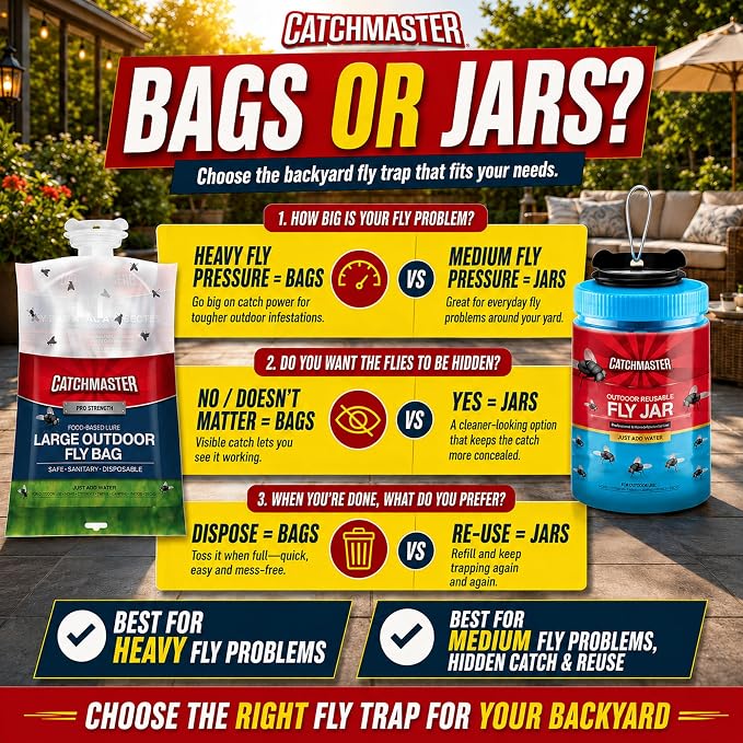 Catchmaster Reusable Outdoor Fly Trap, 6 Hanging Blue Jars with Bait | Catches All Species of Fly, Fly Traps Outdoor w/ Food-based lure, Odor Attracts Flies Away From People, Refill & Reuse