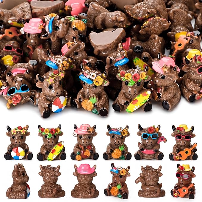 Yaomiao 60 Pcs Mini Highland Cow Figurines Resin Hawaii Highland Cow Figurines Summer Miniature Resin Gift Hawaii Decorations for Beach Hawaiian Party Favor Gift Tiered Tray Decor