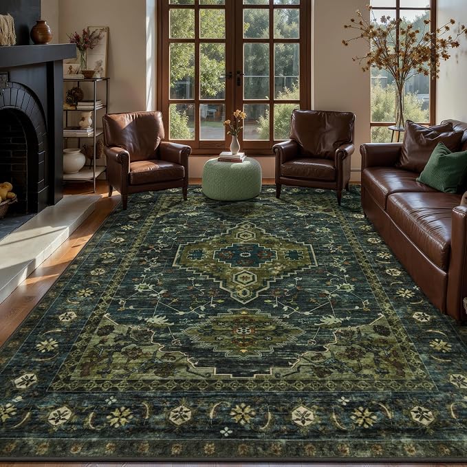 Tangsoo Green 8x10 Washable Area Rugs for Living Room, Non Slip Large Rug | Oriental Indoor Print Carpet, Vintage Boho Soft Low Pile Foldable Floor Rug for Bedroom Dining Room Olive Green Home Decor