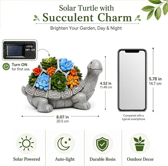 Solar Garden Outdoor Statues Turtle with Succulent | 7 LED Lights, Lawn Decor Statue for Patio, Balcony, Yard Ornament, Gifts for Mom Grandma Women