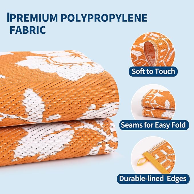 Garvee 6x9 RV Outdoor Rug Waterproof, Floral Outdoor Plastic Straw Rug with Portable Bag, Vintage Foldable Reversible Outside Rugs for Picnic Backyard Deck Balcony Porch Beach Camper, Orange