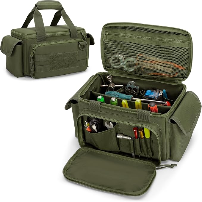 Rexmica Small Tool Bag with Anti-friction and Thick Padded Bottom, Tool Storage Organizer for Men, Tactical Range Bag, Multi-functional Work Bag for Repairman, Electrician, Carpenters (Green)