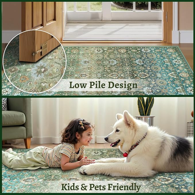 Ciicool Green Boho 4x6 Rug for Living Room Floral Indoor Non-Slip Carpet Soft Low Pile Bedroom Dining Room Washable Area Rugs Suitable for Playroom Laundry Office Home Decor