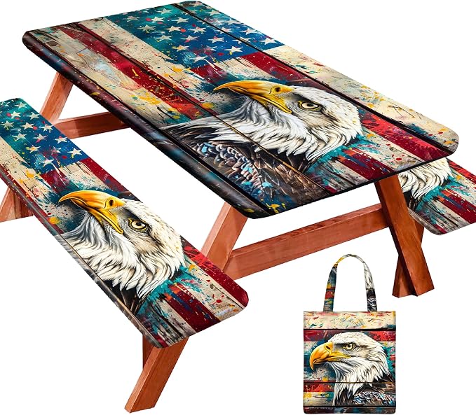 Picnic Table Cover with Bench Covers Camping Essentials Waterproof Windproof Camping Tablecloth with Elastic, Fits Table 30"x 72" Rectangle and Seats, Wood Grain American Flag