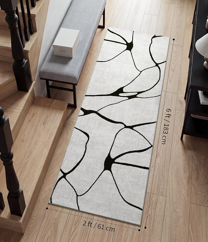 2x6 Washable Modern Black White Kitchen Runner Rug | Ultra-Thin Low Pile, Non-Slip TPE Backing, Soft Stain Resistant, Machine Washable, for Bedroom Livingroom High Traffic