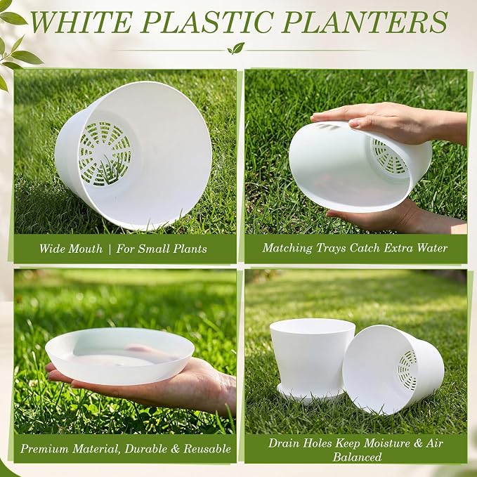 Yinder 32 Pcs 6 Inch Nursery Pots Flower Pots White Plastic Plant Pot Seed Starting with Saucers and Drainage Holes Plant Container for Herbs Houseplants Seeding Nursery Flowers
