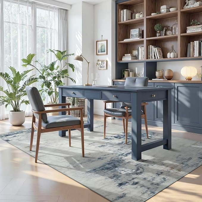 Toneed 4x6 Washable Non Slip Abstract Area Rugs for Bedroom Living Room | Soft Modern Low Pile Rug for Kitchen Hallway Office,Indoor Carpet for Kids Nursery Home Decor, Blue/White