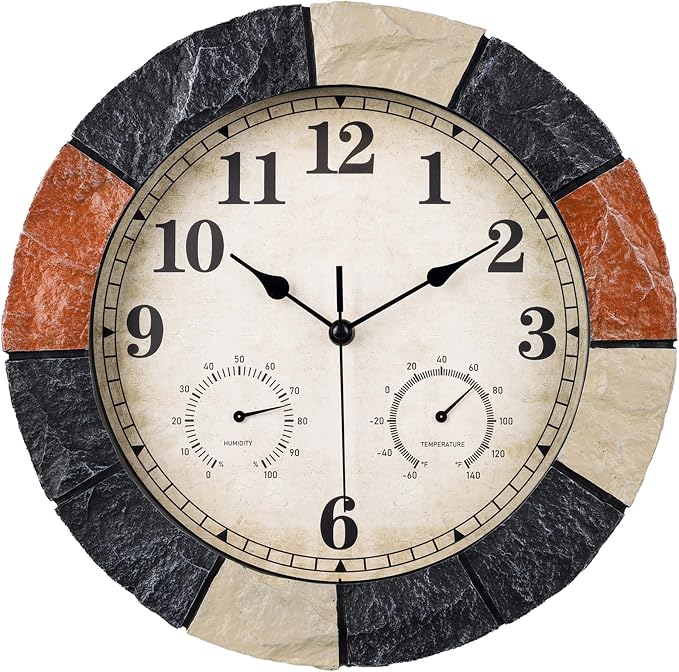 JoFomp 13 Inch Resin Faux-Stone Outdoor Clocks Waterproof with Thermometer and Hygrometer Combo, Large Outdoor Clocks for Patio, Outdoor Wall Clocks Battery Operated, Outside Clock for Pool/Home