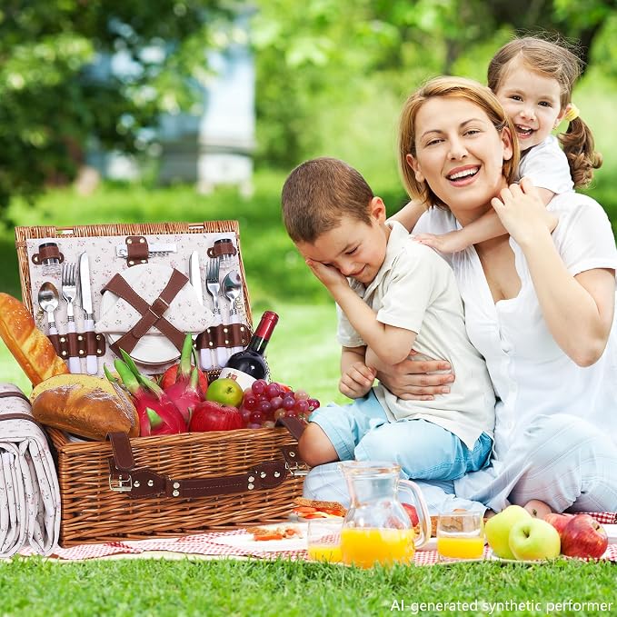 Picnic Baskets Wicker Willow Picnic Set for 4 Persons with Insulated Cooler Bag and White Floral Waterproof Picnic Blanket Gift for Christmas Thanksgiving Wedding Birthday Camp Outdoor Beach Travel