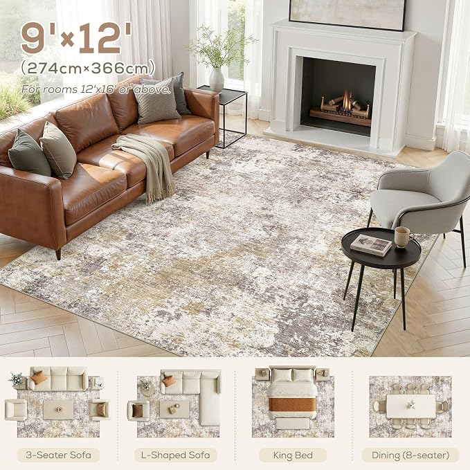 Nakagishi 9X12 Abstract Washable Area Rugs for Living Room-Golden Brown | Modern Non-Slip Silicone Backing Low Pile Soft Carpet for Bedroom Dining Decor for Families with Kids and Pets