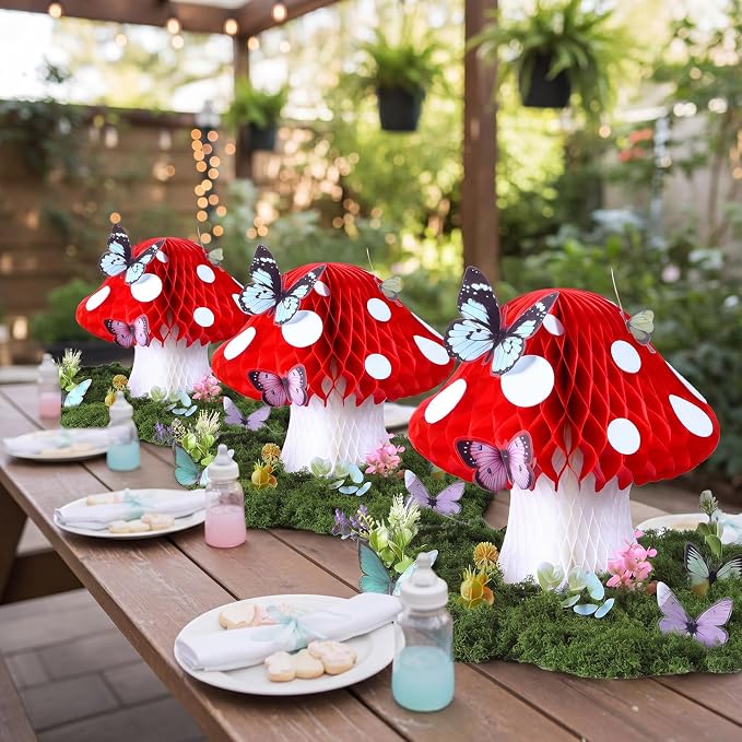 Fairy Garden Accessories Kit Set Include 6 Large 3D Forest Mushroom Honeycomb Table Centerpiece Decor, 20 Fake Flowers Plants, 3.5oz Moss, 36 Butterflies for Fairy Garden Birthday Party Decor
