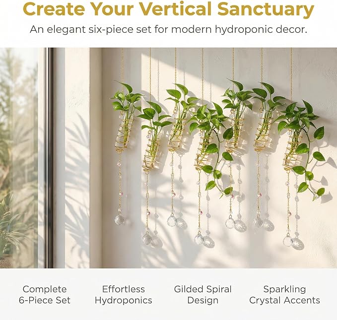 6Pcs Hanging Propagation Station with Crystal Ball Prisms Plant Suncatcher | Glass Wall Hanging Propagation Vases Crystals Prism Suncatchers Decor for Windows Home Wedding with a Cleaning Brush