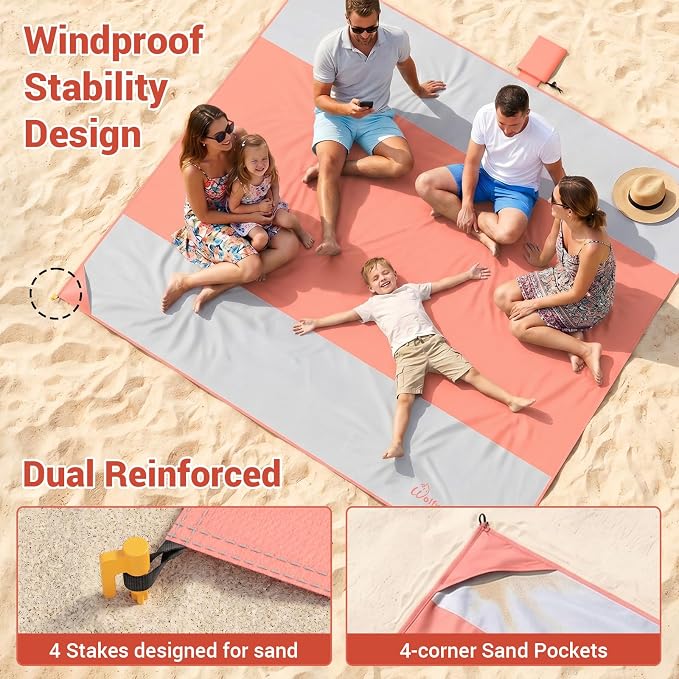 Wolfwise 108" × 120" XXL Beach Blanket, Waterproof & Sandproof Picnic Mat with 4 Sand Pockets & 4 Stakes, Windproof Outdoor Camping Beach Mat, Lightweight, Fits 8 People, Pink