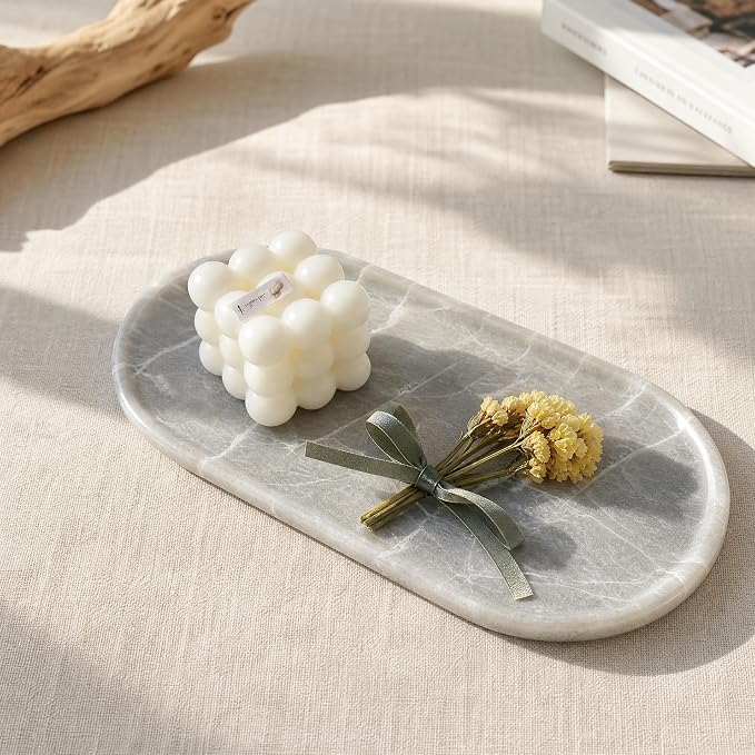 Genuine 100% Natural Marble Tray, Luxury Glacier Grey Stone Vanity Tray | 11.8" x 5.9" Decorative Oval Trays for Countertop Storage, Bathroom, Dresser, Kitchen, Home Decor, Jewelry Makeup Organizer