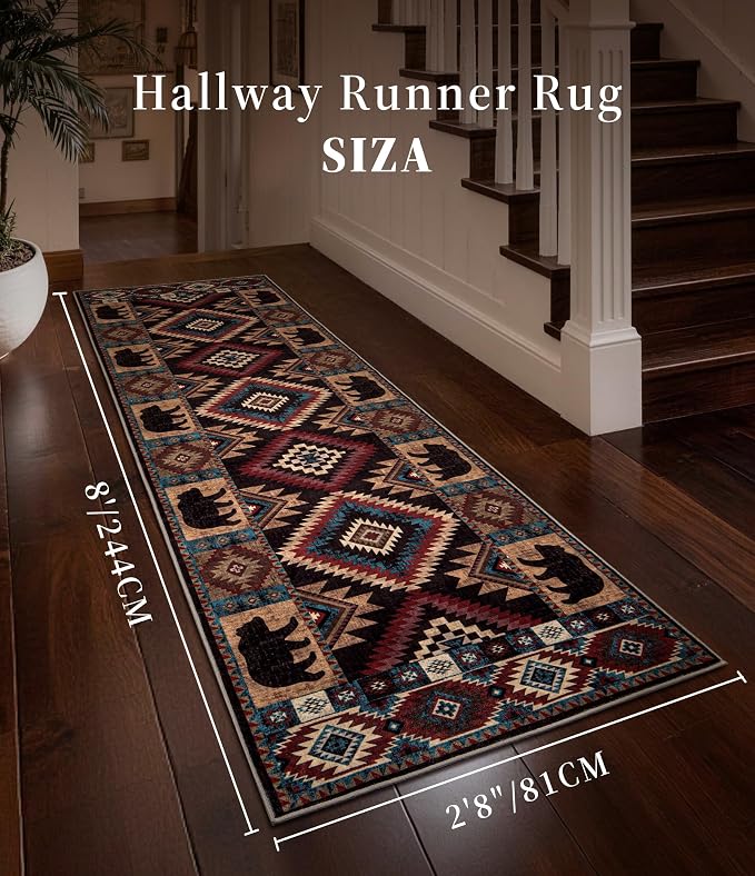 Western Runner Rug 2'8"x8' - Rustic Cabin Washable Rug, Non-Slip Low Pile Soft Carpet, Lodge Geometric Print Floor Runner Rugs for Hallway, Entryway, Bedroom, Kitchen, Laundry