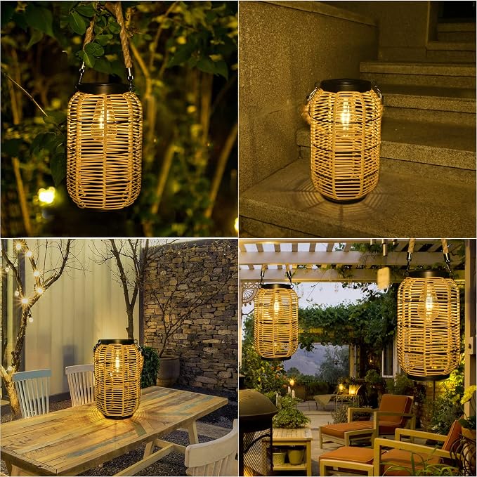 Livinlarge Solar Lantern Outdoor Hanging Lights, Large Solar Rattan Lantern Outdoor Waterproof with Twine Handle, Bright Outdoor Lanterns with Edison Bulb for Garden Patio Yard Tabletop Decoration