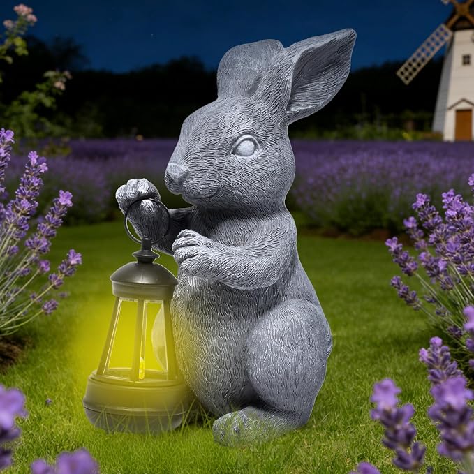 basen Outdoor Bunny Statue with LED Lantern, Battery Powered Resin Rabbit Garden Decor, Weather Resistant Gray Bunny Ornament for Lawn Yard Patio Outdoor Indoor Spring Easter Decoration