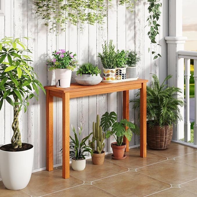 Tangkula Wooden Plant Stand, Outdoor Indoor Solid Wood Flower Pot Holder Display Shelf with Teak Oil Finish, Slatted Top, Rustic Plant Rack for Patio Garden Entryway Porch