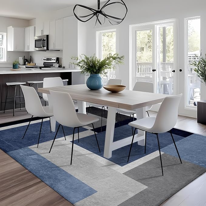 Washable Low-Profile Geometric Area Rug, 0.2 inch Thin Abstract Rug Design for Living Room & Bedroom Decor, 5x7 ft Blue Grey Modern Non-Slip Floor Rug