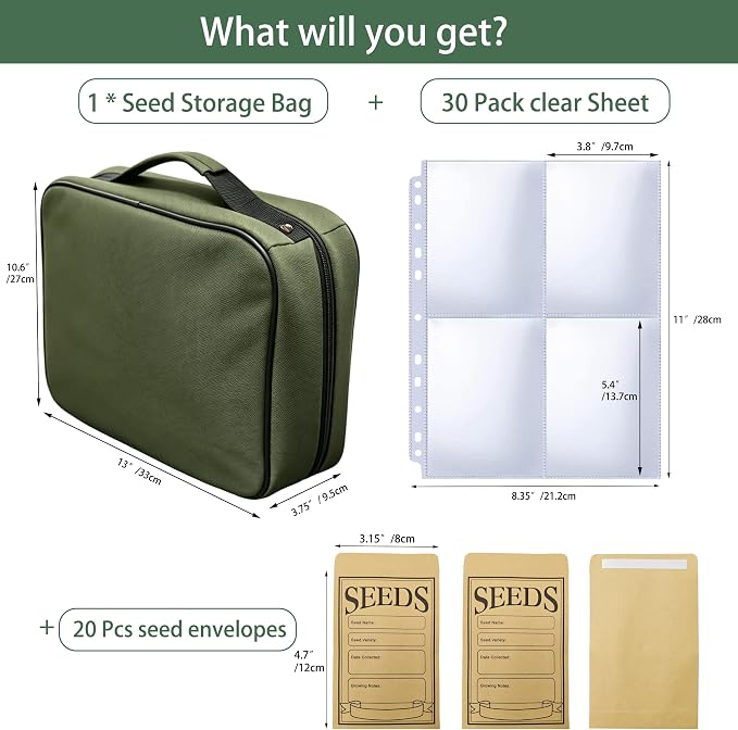 Seed Storage Organizer Binder with 20 Pcs Seed Envelopes & 30 Pack Sheet | Seed Binder, Holds 120 Packets Envelopes, Waterproof,Seed Packet Organizer for Garden Planner, Green