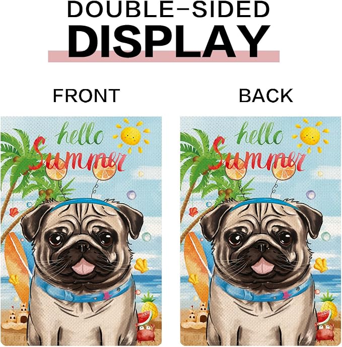 Pug Garden Flags for Outside Set of 12, Dog Welcome Seasonal Garden Flags 12x18 Double Sided for All Seasons and Holidays, Spring Summer Yard Lawn Flag for Outdoor Decor, Pug Decor