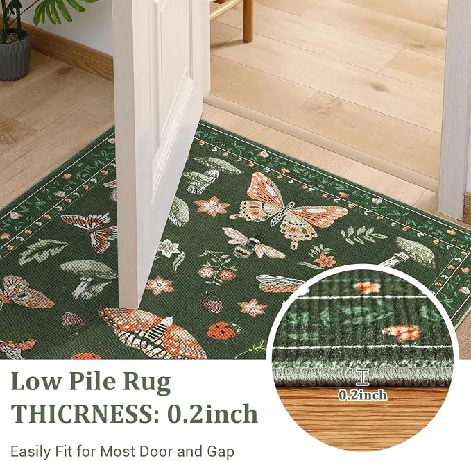 Mushroom 2x6 Runner Rug for Hallway Washable Kitchen Rugs Non Slip Low-Pile Whimsical Cottage Core Insect Bug Butterfly Funky Decor for Entryway Bathroom Bedroom Olive Green