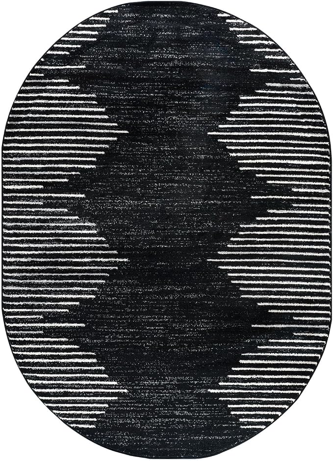 Rugshop Bohemian Stripe Stain Resistant High Traffic Oval Rug Black 5' x 7' | Oval, Size 5' x 7', Living Room, Bedroom, Dining Room, Home Office, Kitchen, Entryway, Hallway, Nursery, Kids Room