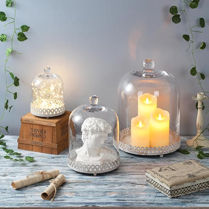 Twakutwku 14" Tall Large Sturdy Handmade Glass Cloche Dome with Metal Base in Shabby White for Plant, Terrarium, Collectibles, Candle. Cloche Glass Dome, Bell Jar Display Case (Shabby White, 14")